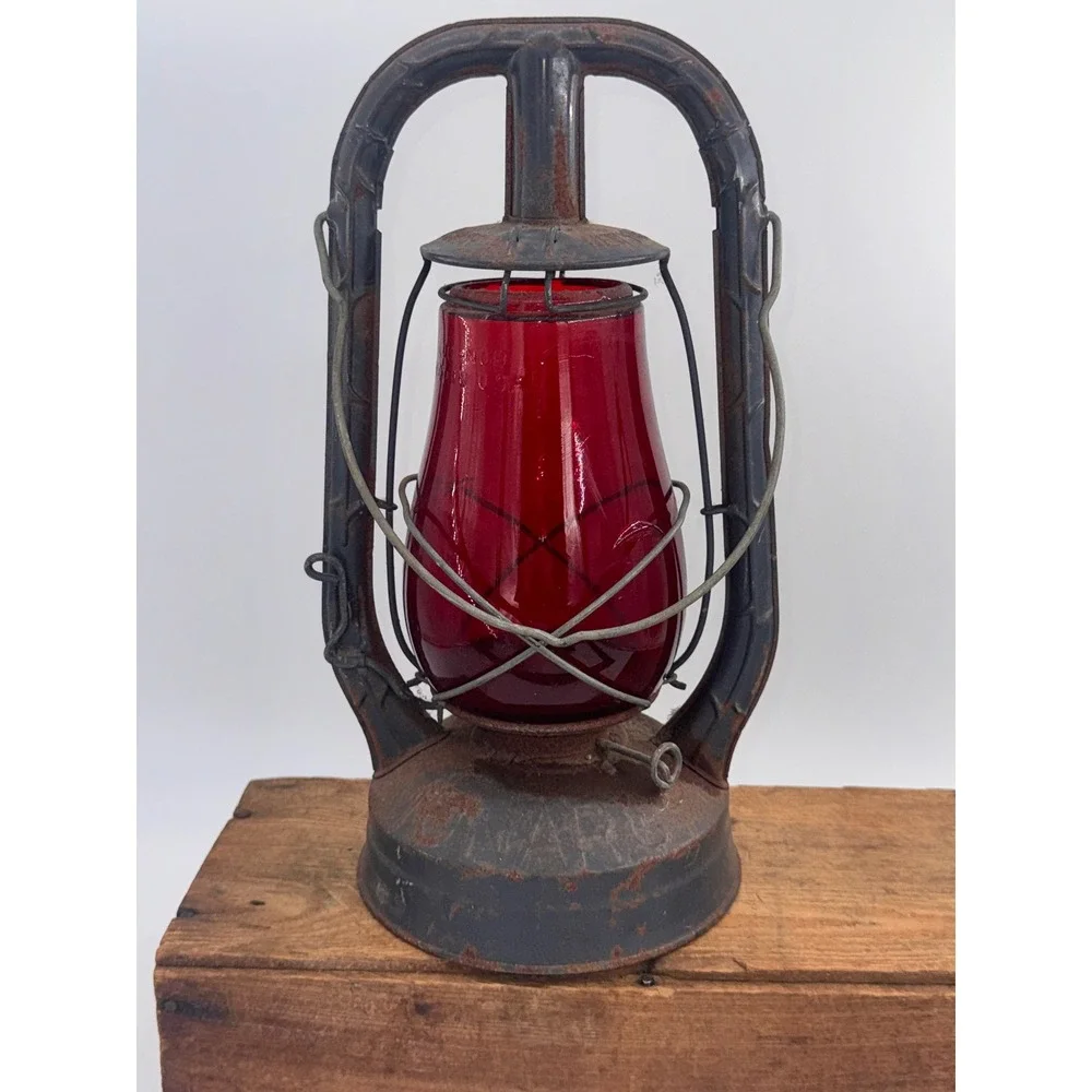 Vintage Dietz Monarch Lantern Red Fitzall Glass Globe New York USA 14 Inch